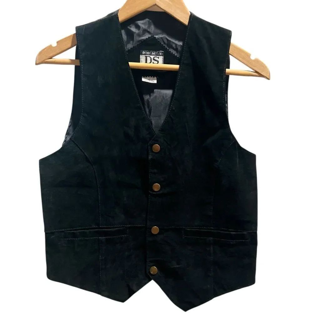 Don’t DS Stop Black Genuine Leather Vest Men’s L Snap Front Lined